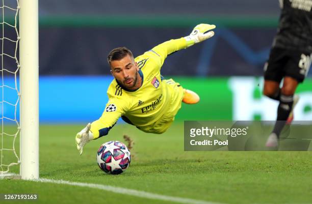Anthony Lopes of Olympique Lyonnais saves a shot from Leon Goretzka of Bayern Munich during the UEFA Champions League Semi Final match between...