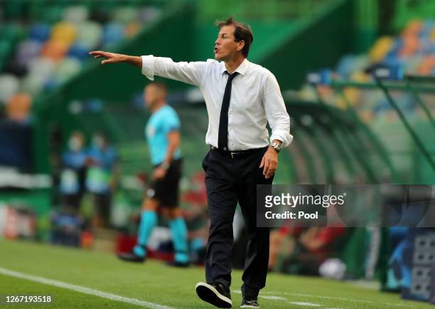 Rudi Garcia, Head Coach of Olympique Lyonnais gives his team instructions during the UEFA Champions League Semi Final match between Olympique...