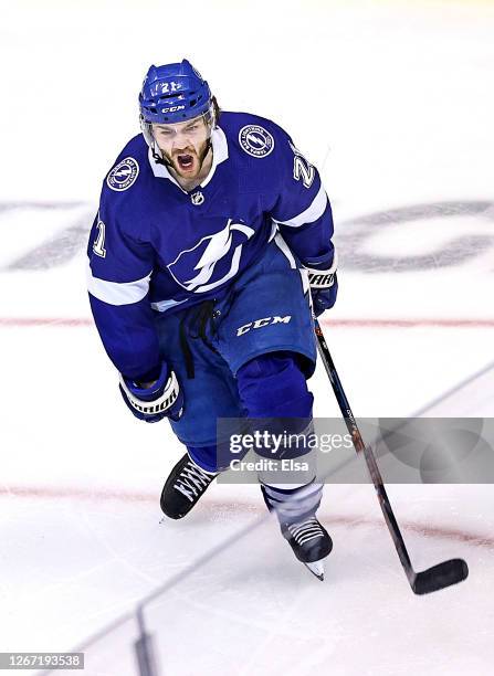 Brayden Point of the Tampa Bay Lightning celebrates after scoring the game winning goal against the Columbus Blue Jackets at 5:12 during the first...