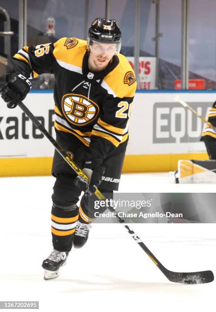 Par Lindholm of the Boston Bruins attends warm ups before playing against the Carolina Hurricanes Game Five of the Eastern Conference First Round...