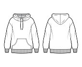 Oversized cotton-fleece hoodie technical fashion illustration with pocket, relaxed fit, long sleeves. Flat jumper
