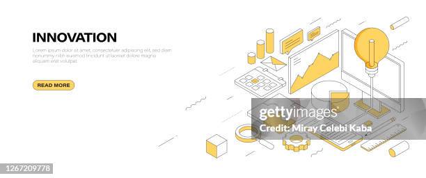 ilustraciones, imágenes clip art, dibujos animados e iconos de stock de diseño de estandarte isométrico de innovación - isometric school