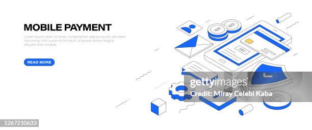 mobile payment isometric banner design - nfc icon stock illustrations