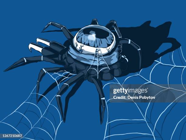 hand-drawn creepy illustration - spider in a web with a human eye. - tangled web stock illustrations