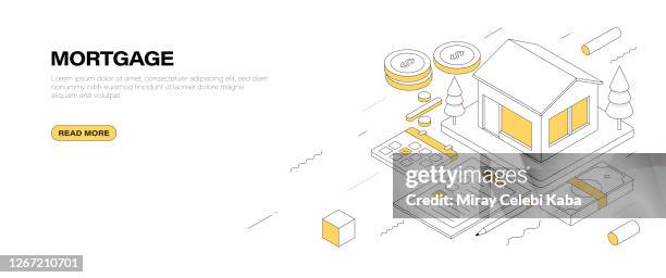 ilustraciones, imágenes clip art, dibujos animados e iconos de stock de diseño de estandarte isométrico hipotecario - documento-de-hipoteca
