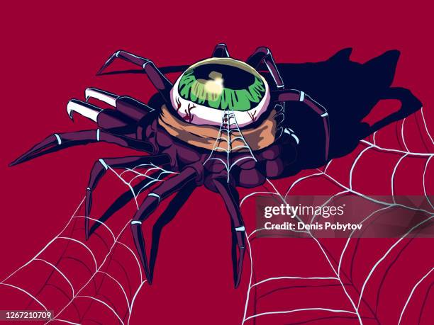 hand-drawn creepy illustration - spider in a web with a human eye. - tangled web stock illustrations