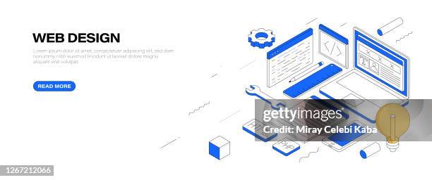 web design isometric banner design - app development stock illustrations