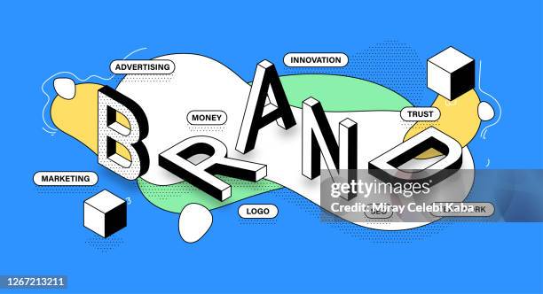 bildbanksillustrationer, clip art samt tecknat material och ikoner med märke isometrisk banner design - märkesnamn