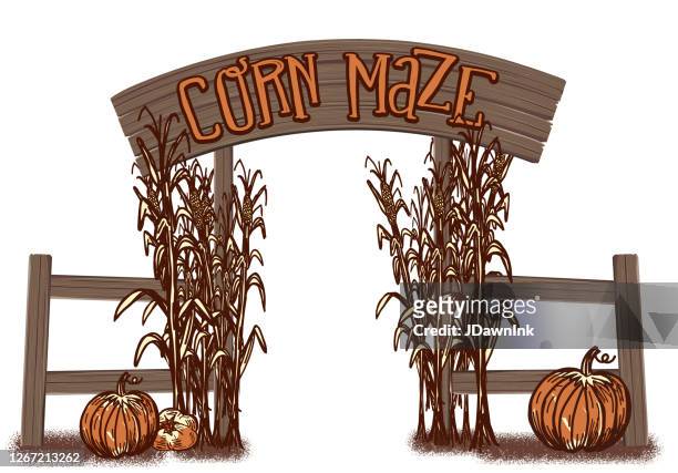 ilustrações de stock, clip art, desenhos animados e ícones de wooden sign post and fence to corn maze entrance - corn maze