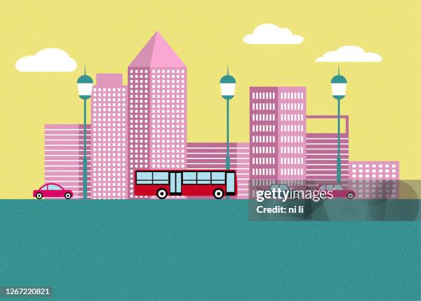 vector drawing of city buildings, vehicles driving on the street. - pink jeep tour stock illustrations