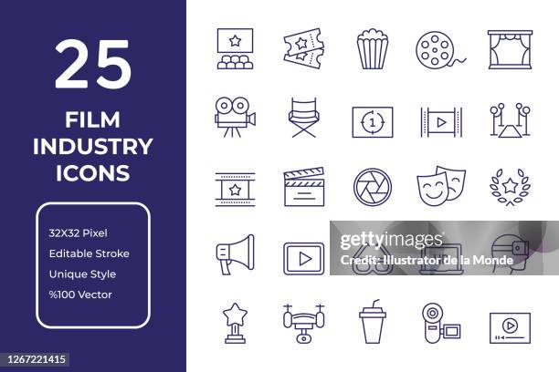 ilustraciones, imágenes clip art, dibujos animados e iconos de stock de diseño de iconos de la línea de la industria cinematográfica - entretenimiento