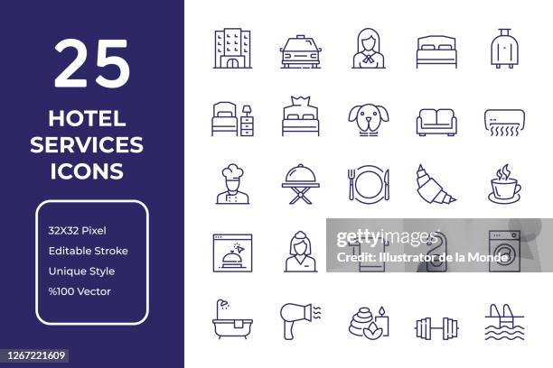illustrazioni stock, clip art, cartoni animati e icone di tendenza di design icona linea servizi hotel - architecture restaurant interior