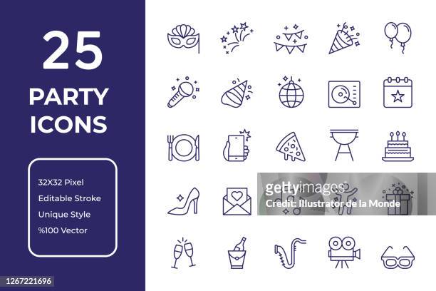 ilustraciones, imágenes clip art, dibujos animados e iconos de stock de diseño de iconos de la fiesta y la línea de celebración - party