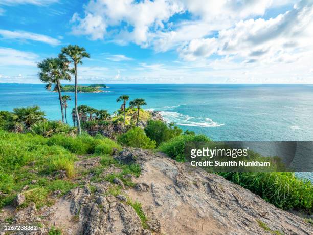 laem phromthep landscape viewpoint of the most famous and important popular place tourist attraction in phuket province, thailand. - phuket province stockfoto's en -beelden