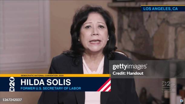 In this screenshot from the DNCC’s livestream of the 2020 Democratic National Convention, former Labor Secretary Hilda Solis addresses the virtual...