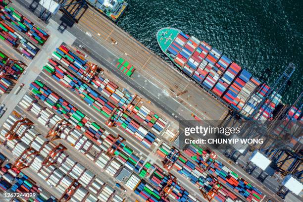 kwai tsing container terminals from drone view - global trade war stock pictures, royalty-free photos & images