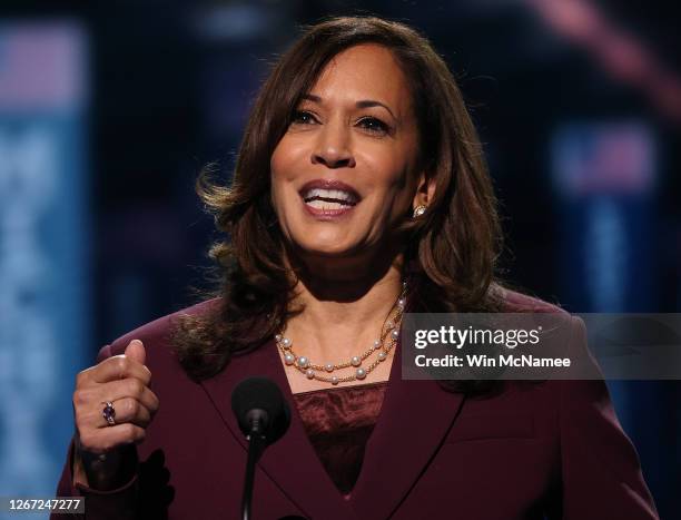 Democratic vice presidential nominee U.S. Sen. Kamala Harris speaks on the third night of the Democratic National Convention from the Chase Center...