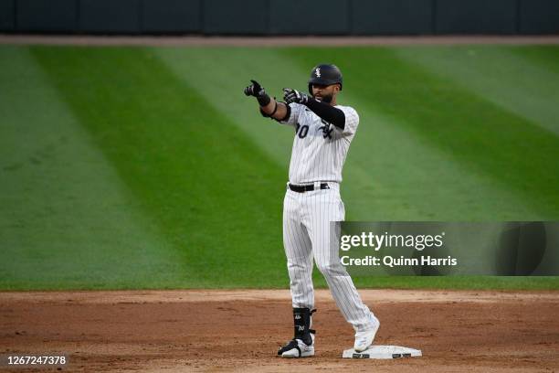 Nomar Mazara of the Chicago White Sox reacts after his double in the second inning against the Detroit Tigers at Guaranteed Rate Field on August 19,...