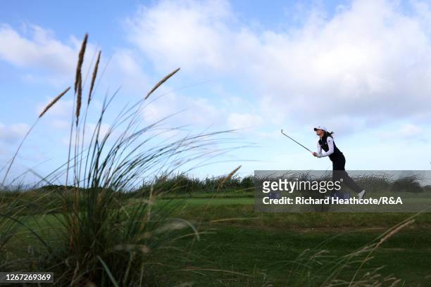 Klara Spilkova of Czech Republic plays her shot off the 5th tee during Day One of the 2020 AIG Women's Open at Royal Troon on August 20, 2020 in...