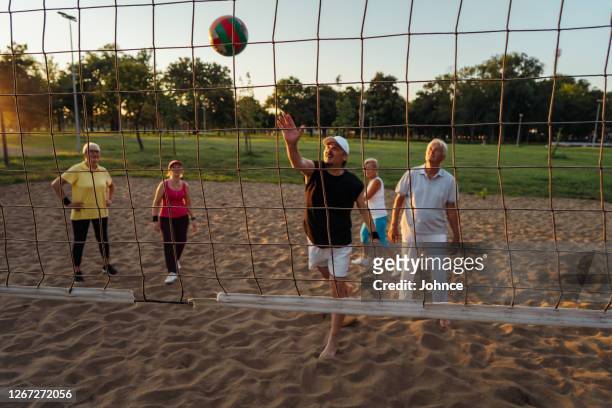 hogere mensen die pret openlucht hebben - volleyball park stockfoto's en -beelden