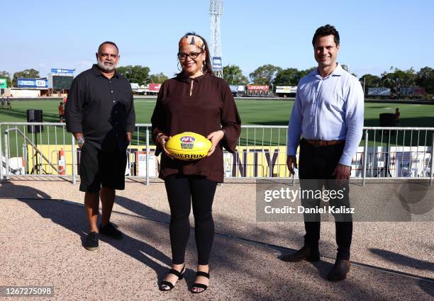 Michael Long, AFL General Manager Inclusion and Social Policy Tanya Hosch and Gavin Wanganeen pose during an AFL media opportunity at TIO Stadium on...