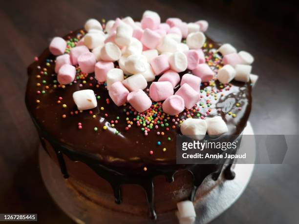 topside view of a marshmallow decorated cake - marshmallow stock pictures, royalty-free photos & images