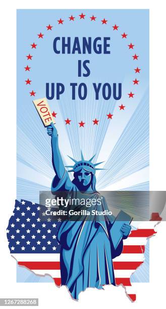 statue of liberty holding a voting ticket for usa election - bright future stock illustrations