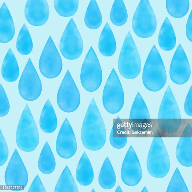 watercolor blue raindrops seamless pattern. hand drawn vector blue raindrops background template for cards, invitations, posters, business cards and flyers. - teardrop stock illustrations