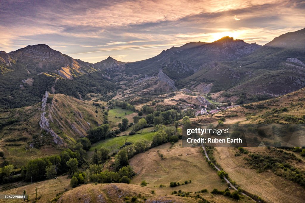 Spanish village aerial landscape during summer at sunset