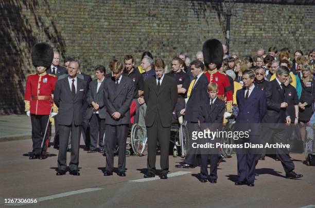British Royals Prince Philip, Duke of Edinburgh, Prince William, Charles Spencer, 9th Earl Spencer, Prince Harry, and Prince Charles, Prince of...