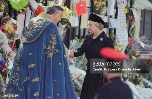 Queen Elizabeth II attends the funeral service for Diana, Princess of Wales at Westminster Abbey, London, England, 6th September 1997.