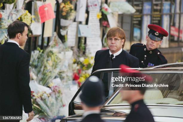 British singer-songwriter Elton John arriving for the funeral service of Diana, Princess of Wales at Westminster Abbey, London, England, 6th...