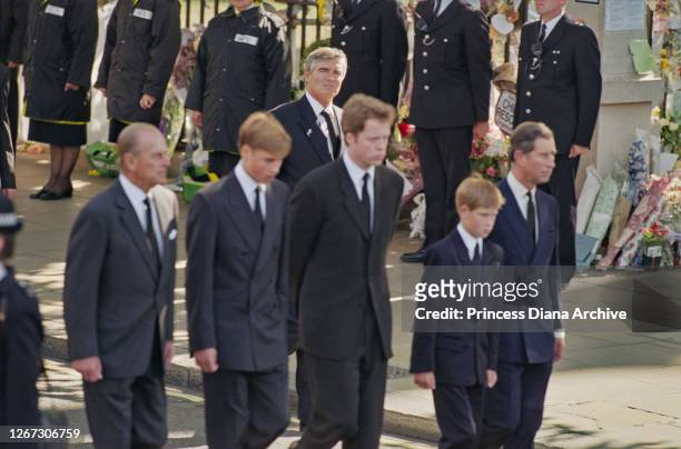 British Royals Prince Philip, Duke of Edinburgh, Prince William, Charles Spencer, 9th Earl Spencer, Prince Harry, and Prince Charles, Prince of...