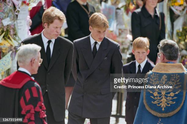 Charles Spencer, 9th Earl Spencer, brother of Diana, Princess of Wales , and her sons, Prince William and Prince Harry, attending the Princess's...