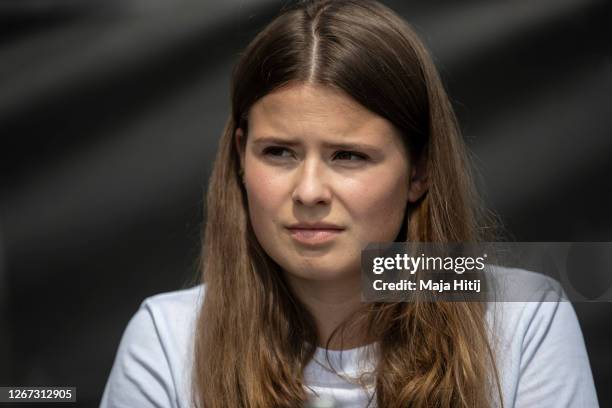 German climate activist Luisa Neubauer attends a press conference following the meeting with German Chancellor Angela Merkel on August 20, 2020 in...