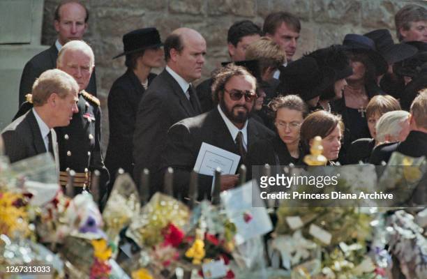 Italian operatic tenor Luciano Pavarotti and his partner Nicoletta Mantovani among mourners attending the funeral service for British Royal Diana,...