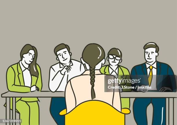 interviewee interviewed by four interviewers - group interview stock illustrations