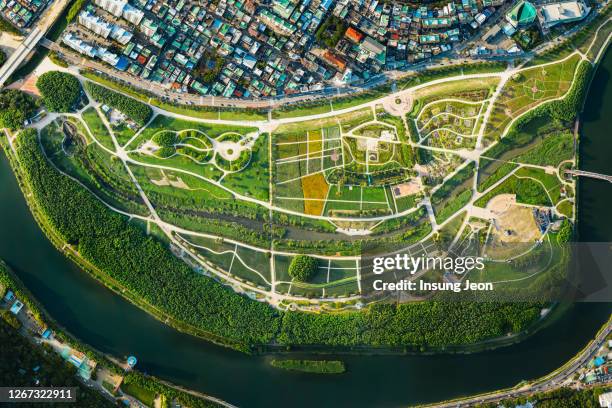 aerial view of aerial view of taehwa river in summer - korea city stockfoto's en -beelden