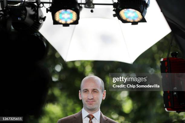 White House Senior Policy Advisor Stephen Miller is interviewed on FOX News outside the West Wing of the White House August 20, 2020 in Washington,...