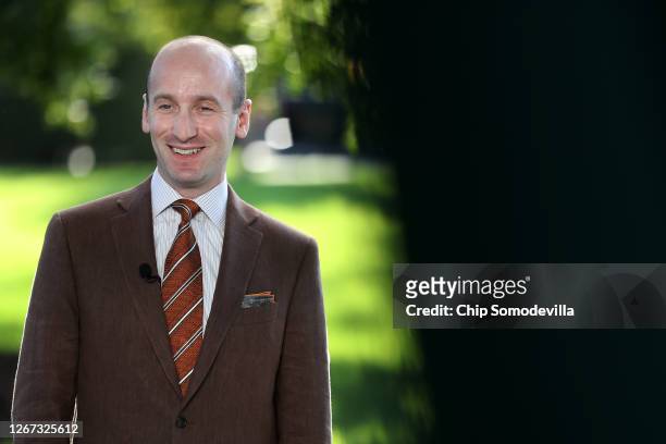 White House Senior Policy Advisor Stephen Miller is interviewed on FOX News outside the West Wing of the White House August 20, 2020 in Washington,...