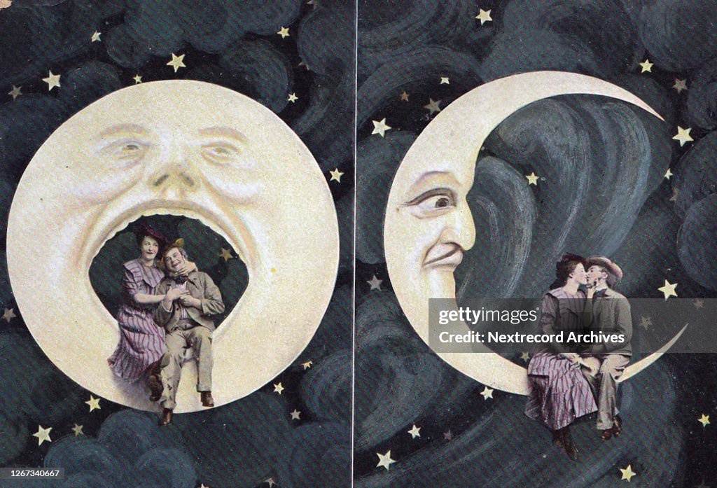 Vintage hand-painted postcard, Spooning the Moon, 1907