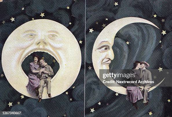 Vintage hand-painted postcard, Spooning the Moon, 1907 Vintage hand-painted postcard, Spooning the Moon, 1907