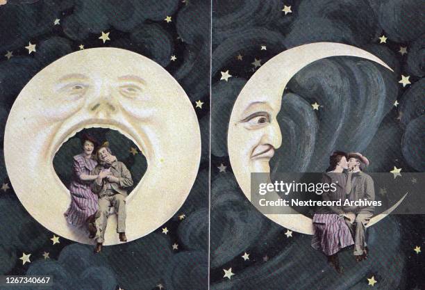 Vintage souvenir illustrated photo postcard published 1907 titled 'Spooning the Moon' depicting a humorous and romantic couple kissing while posed on...