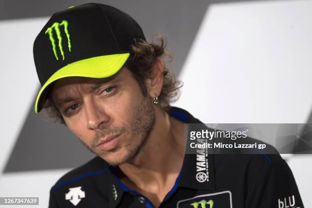 Valentino Rossi of Italy and Monster Energy Yamaha MotoGP Team looks on during the press conference pre event during the MotoGP Of Styria - Previews...