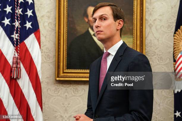 Senior Advisor to President Donald Trump and son-in-law Jared Kushner attends a meeting with President Donald Trump and Iraqi Prime Minister Mustafa...