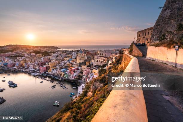 procida at sunset, gulf of naples, italy - naples italy stockfoto's en -beelden