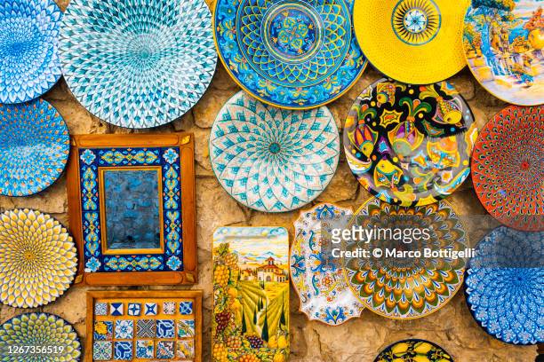handmade ceramics souvenirs in amalfi, italy - craft show stock pictures, royalty-free photos & images