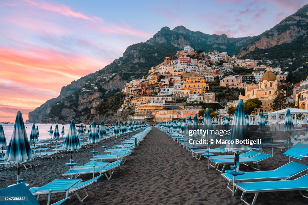 Positano at sunset, Amalfi Coast, Italy