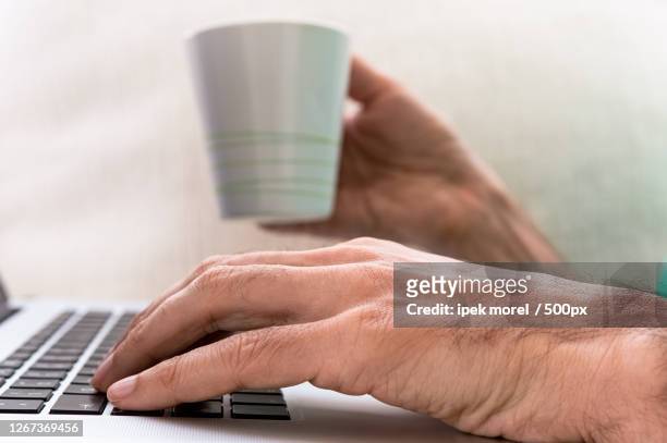 cropped hands of man using laptop on table, himmetdede, turkey - ipek morel stock pictures, royalty-free photos & images