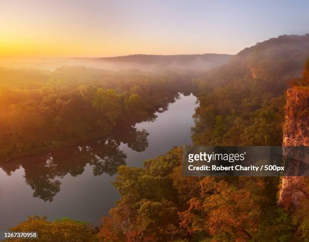 high angle view of a river by sunset, licking, united states - ozark missouri stock pictures, royalty-free photos & images